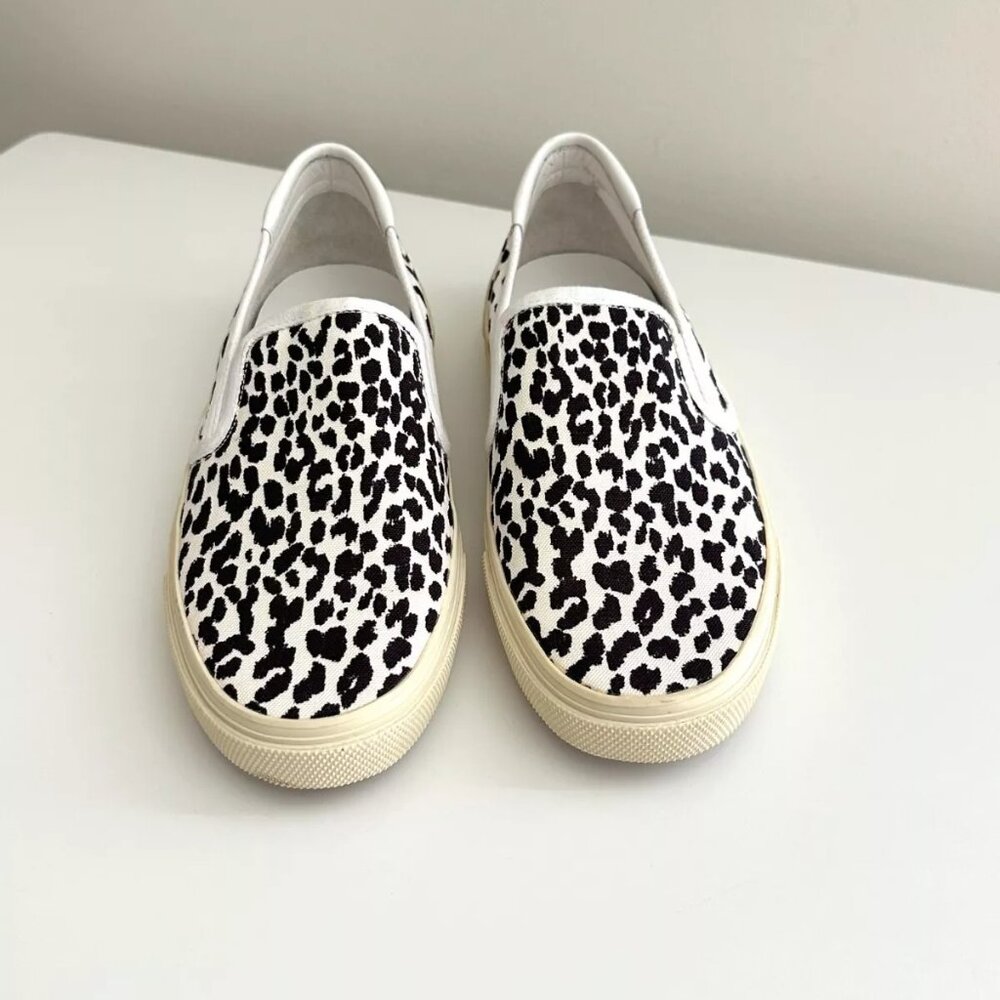 SAINT LAURENT Black/White Leopard Print Canvas Slip-On Sneakers Size 38.5